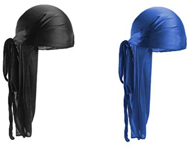 Meiyea 2 st durag med lång stjärt, unisex silke durag 360 vågor huvudsjalar breda remmar pirat håravfall kemo keps bandana turban hatt för kvinnor och män hip-hop och daglig dekoration (svart,