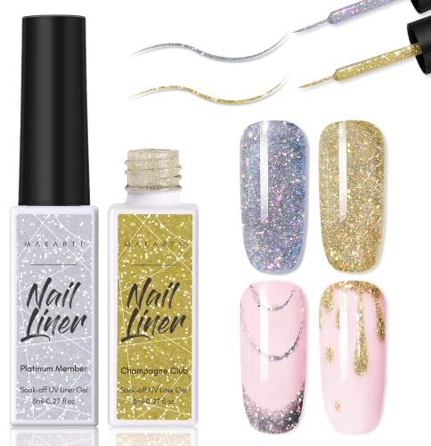 Makartt Art Gel Nail Polish: French Manicure Gel Polish - Liner Gel Gold & Silver with Thin Brush