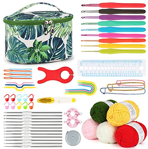 Aeelike Crochet Kits for Beginners, Crochet Starter Kit UK, Crochet Set with Yarn, Ergonomic Metal Crochet Hooks Set 0.6-6.0 mm, Accessories and Green Storage Bag, Beginner Crochet Kit for Adults Kids