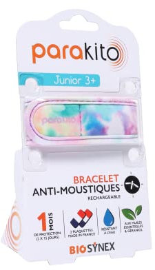 Biosynex PARAKITO – Pulsera antimosquitos reutilizable – 2 pastillas incluidas con aceites esenciales, 1 mes de protección, sin deet, talla Junior 3+ (Tie & Dye)