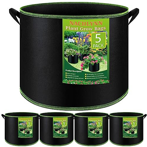 NACHLYNN Paquete de 5 bolsas de cultivo de 7 galones de tela no tejida gruesa con asas, macetas de tela de aireación resistente, macetas de plantas o frutas, flores para jardinería