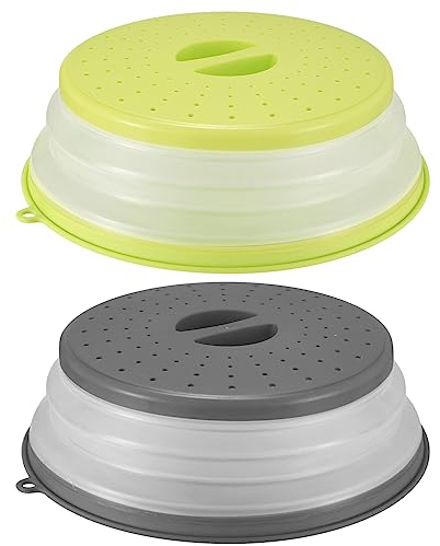 Cubierta de Microondas Plegable, 2 Pcs Tapadera de Microondas con Gancho 26.5cm para Prevenir Salpicaduras en Frutas y Verduras, Cesta Filtrante, Canasta de Frutas