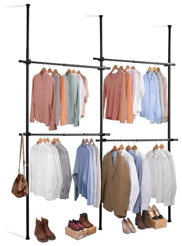 House of Home Heavy Duty Double Telescopic Clothes Rail - Rail Wardrobe Replacement - Adjustable Shelving Rack - Clothes Storage & Organiser for Shirts, Coats, Jackets, Hat & Shoes