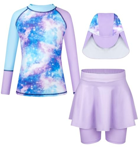 WYTbaby Badeanzug Mädchen 3 Stück Uv Schutzkleidung Kinder Lange ÄRmel Bademode Set Rash Guard mit Rüschenbesatz Badehose für Mädchen 5-6 Jahre