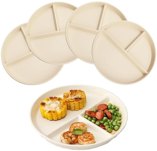 NOZVYCI 23CM Lot de 4 Assiette Plate Incassable avec 3 Compartiments Assiette à Dîner Divisée Allant au Micro-ondes et au Lave-vaisselle Assiette pour Enfants Familiale Séparée (Beige)