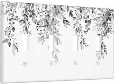 Yamxbfa Gray and White Eucalyptus Floral Plant Leaf Botanical Flower 4 Gang Light Switch Cover Decorative Quad Toggle Wall Plate Cover 4 Hole Electrical Switchplate Dimmer Faceplate for Bathroom Decor