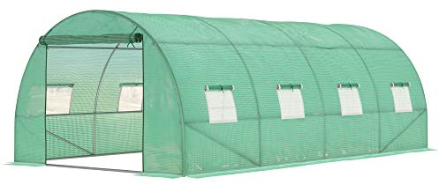 Outsunny Gewächshaus ca. 6 x 3 x 2 m Foliengewächshaus mit 8 Fenster, Rolltür, Aufrollbar Seitenwänden, UV-beständiger Folientunnel, Winterfest Tomatenhaus mit Erdanker, Grün