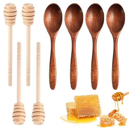 BORISCA 8 Pezzi Bastoncini Miele Set, 15cm Spargi Miele Legno 14cm Cucchiaio Miele Legno, in Legno, Cucchiaio per Miele in Legno per Miele e Sciroppo (4 + 4, Marrone)