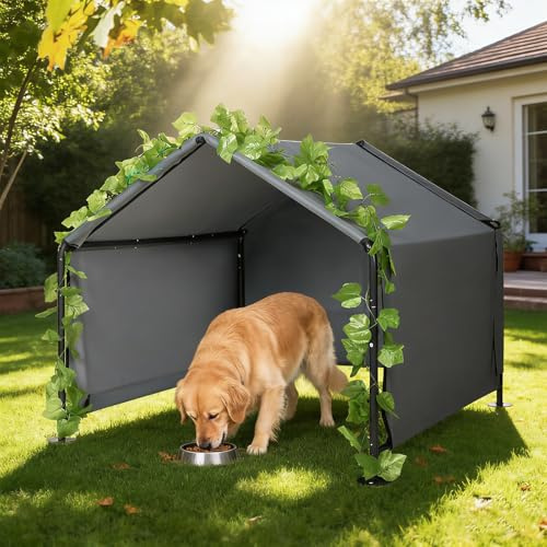 120cm Large Dog House Outdoor, Pet Shelter Tent for Small to Large Dogs, Outside Rainproof Canopy Pet House for Cats Pigs Goats Livestock w/Rainproof Cover Artificial Grapevine Leaves