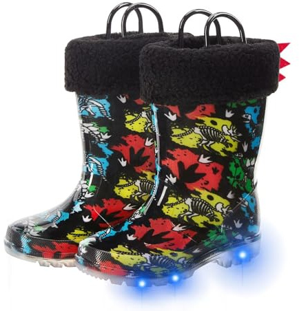 FUNCOO PLUS Toddler Rain Boots Kids Light up Snow Boots Boys Girls Waterproof Winter Boots with Removable Warm Lining, Big Kid Size 2, Skeleton Dinosaurs
