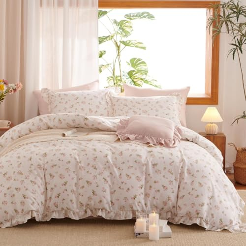 Lanqinglv Juego de ropa de cama con volantes 220x240 flores rosas, juego de ropa de cama reversible con hojas estéticas, ropa de cama ÖKO-TEX para alérgicos, funda nórdica romántica con cremallera y 2