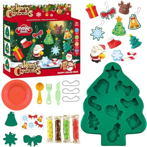 TaimeiMao Noël Pate A Modeler pour Enfants,13 pcs Plasticine Jouet Enfant,avec Accessoire Pate,4 Couleurs Argile à Modeler,Cadeaux Créatifs pour Garçons et Filles,pour Enfants dès 3 Ans