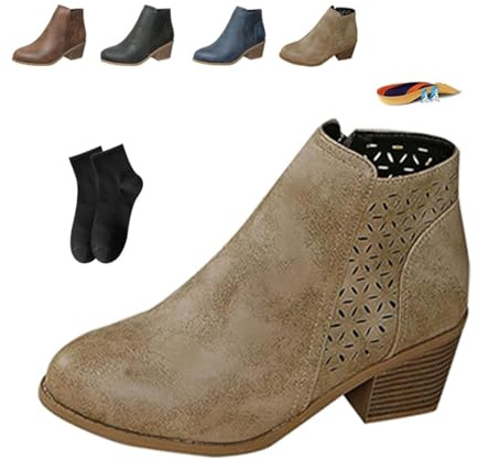 Botines ortopédicos gruesos de cuero para mujer, tacón medio, sin cordones, para otoño e invierno, tacón bajo, punta puntiaguda, soporte de arco, botines cortos con cremallera lateral, botas ligeras