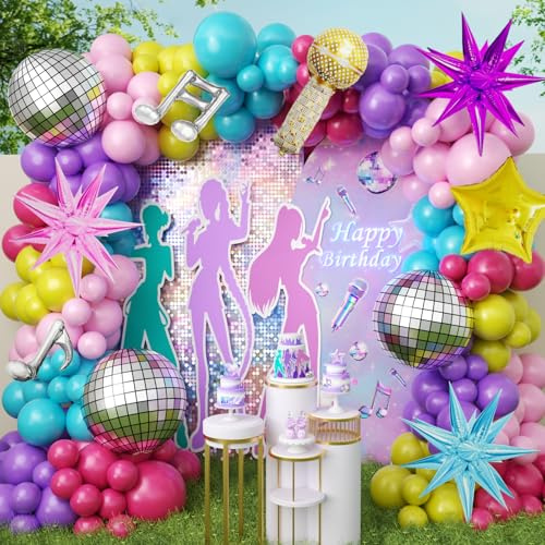 JOGAMS Kit de arco de guirnalda de globos de 177 piezas, coloridos, con bola de discoteca, micrófono, notas musicales y estrellas de papel de aluminio, para decoración temática de música Kpop, fiesta