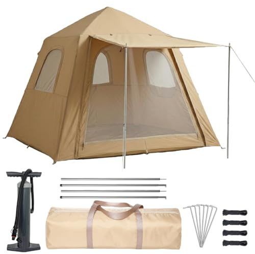 Linxor - Tente de Camping Gonflable 2 à 3 Personnes avec auvent, Pompe et Sac de Transport - 2.10 x 2.10 x 1.55 m - Beige