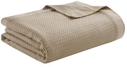 Madison Park Soft Certified 100% Egyptian Cotton Breathable Cozy Blanket, Premium Waffle Knit Classic Design, Luxury All Season Lightweight Cover for Bed, Couch and Sofa, Khaki King(108x90)