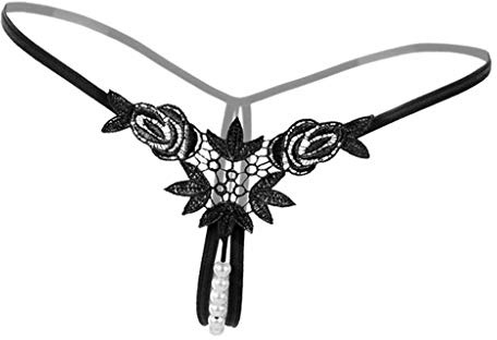 P Prettyia Culotte string strings en dentelle avec perles et fleurs - Pour femme - Noir - taille unique