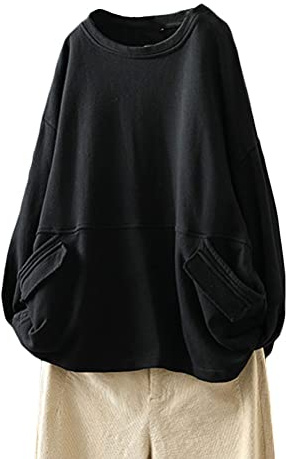 FTCayanz Donna Manica Lunga Camicia Girocollo Oversize Felpa Casual Tunica Pullover Top con Tasche Nero XXL