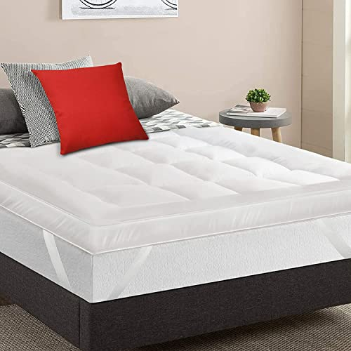 MightySoft's Mattress Topper Double Bed 10cm, Extra Deep Quilted Microfiber Topper for Cloudlike Comfort with Extra Warmth & Breathable Support, Fluffy Design with Secure Elastic Straps for best Sleep