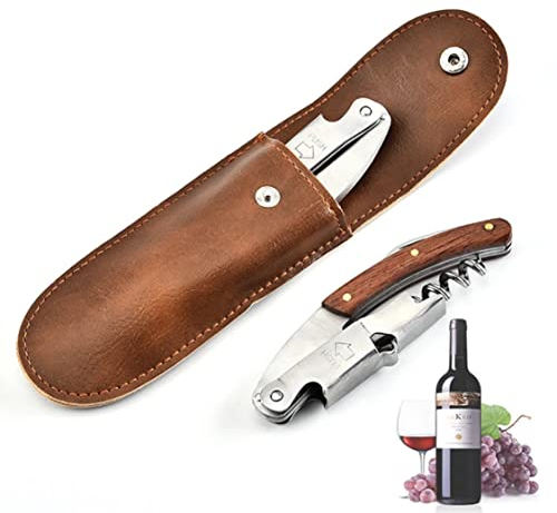 M&N Holz Kellnermesser - Profi Korkenzieher aus Edelstahl in Gastronomie Qualität mit Flaschenöffner & Folienschneider- Lederetui, für Kellner und Barkeeper