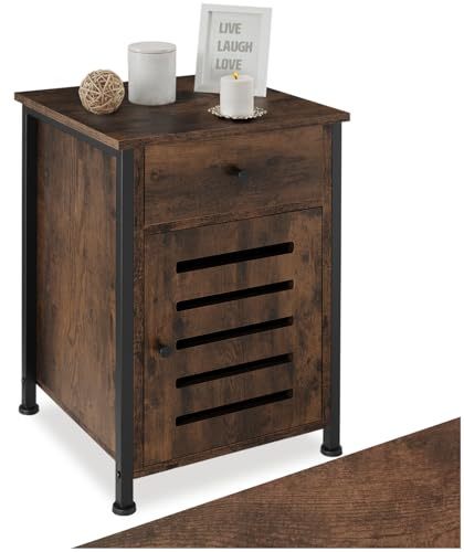 tectake® Mesita de Noche Estilo Industrial con Cajón y Compartimento Almacenamiento, Mesa Auxiliar Salon, Mesitas de Noche, Decoracion Hogar - 42 x 40 x 60,5 cm Madera Industrial Oscura, Rústica
