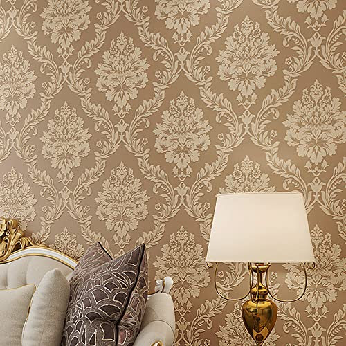 Q QIHANG European Luxury 3D Flower Damask Wallpaper for Bedroom Living Room Background Retro Home Non-Pasted Wall Paper Roll 1.73' W x 32.8' L (Brown)