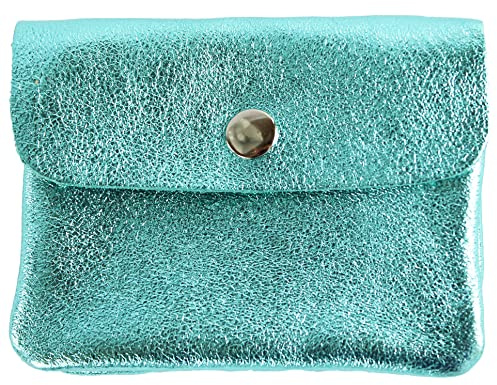modamoda de P09 Damen Münzgeldbörse Geldbörse Portemonnaie Klein Leder Made in Italy P09, Farbe:Türkis-Metallic