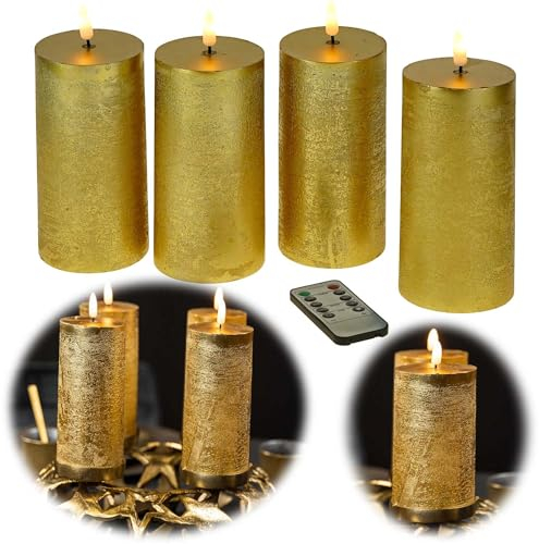 LS-LebenStil Exklusive 3D LED Stumpenkerzen 4´er Set Gold 15cm Timer Fernbedienung flackernde Kerze bewegliche Flamme