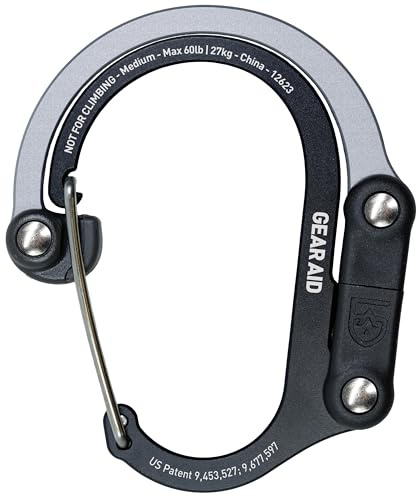 GEAR AID HEROCLIP Carabiner Gear Clip and Hook (Medium) for Camping, Backpack, and Garage Organization, Black and Gray, 1 Pack