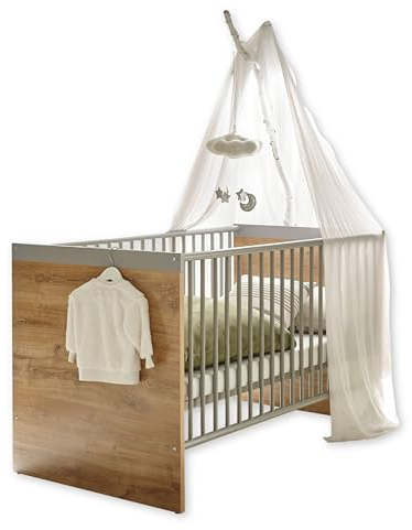Stella Trading Larissa Sicheres Babybett 70x140 cm in Bolton Oak Optik/Arktisgrau - Funktionales Baby Gitterbett für Ihr Babyzimmer - 145 x 81 x 76 cm (B/H/T)