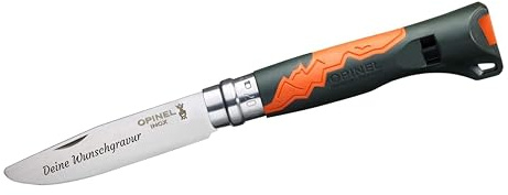 Opinel Outdoor Junior Kindermesser mit Kunststoffgriff | persönliche Gravur | vorne abgerundete Spitze | rostfrei | Signalpfeife | Virobloc | Geschenk (khaki)