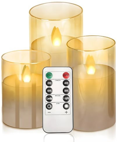 3 piezas velas LED Vidrio con control remoto temporizador, Velas led blanco cálido efecto llama, cera real, velas decorativas de pilas para bodas, fiestas, navidad, decoración de la casa, (Dorada)