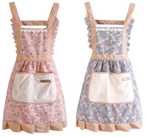 Hwtcjx 2 Piezas Delantal Antiincrustante y Ajustable, Delantal de Cocina, Mandiles con Bolsillos para Cocinar y Hornear para Mujeres, Hombre y Pareja, Flores (Azul+Rosa)