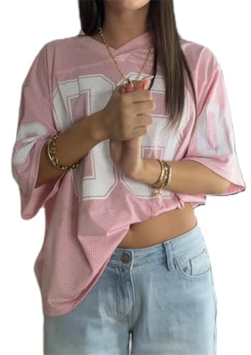 Oversized Jersey Shirts for Women Y2k Number Graphic Print V Neck Short Sleeve Aesthetic Summer T-Shirt Streetwear (Number 08, XL)