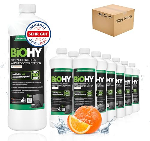 BiOHY Nettoyeur de sol pour robot laveur Station avec parfum orange (12 x 1 litre) | Nettoyant concentré pour tous les types de balai et robot aspirateur avec fonction humide | Faible mousse et sans