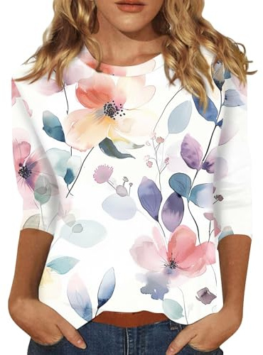 uxxnjfg Blusas De Mujer Elegantes Manga 3/4 Basicas Verano Blusas Estampados Vestir Camiseta Cuello Redondo Casual T Shirts