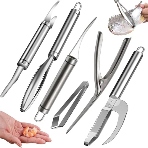 6 Shrimp Deveining Tool Stainless Steel, FRIVASTIC Shrimp Peeler Fish Scraper, Fish Scaling Tool Shrimp Cleaner, Fish Bone Tweezers Fish Cleaning Knife, Pin Bone Tweezers for Salmon Shrimp Fish