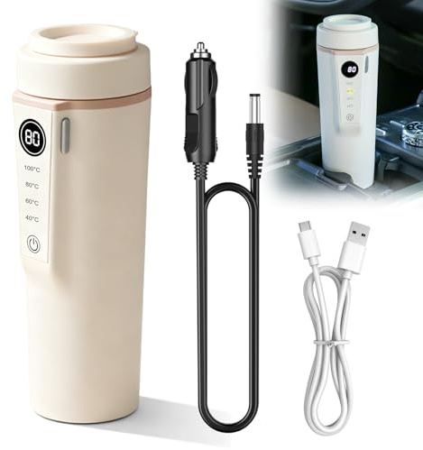Bollitore da viaggio, 500 ml, bollitore da viaggio, 12 V/24 V, per auto, 96 W, tazza riscaldata per auto, 4 temperature per campeggio, preparazione di tè, caffè