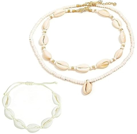DONFORTLY Collana Conchiglie Boho Chic, 2 Pezzi, con Braccialetto Coordinato, Stile Spiaggia, Accessorio Naturale per Estate e Vacanze, Perfetta per Look Estivi