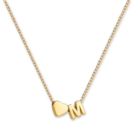 GD GOOD.designs Collar con letra M y colgante de corazón | Collar personalizado de acero inoxidable 316L chapado en oro de 18K | Collar ajustable para mujer 42–47 cm