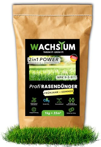 Rasendünger Frühjahr Sommer, 1kg organisch-mineralisch mit Eisen, verdrängt Moos, Langzeit Granulat, sattgrünen Rasen, NPK 9-3-9+FE, 35 m², Streuwagen geeignet, Turbo Wachstum, tierfreundlich