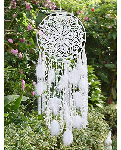 EasyBravo großer Traumfänger im Boho-Stil, mit weißer Feder, Makramee, Wandbehang für Vintage-Hochzeit oder zur Heimdekoration, 30 cm Kreis, 80 cm lang, Weiß