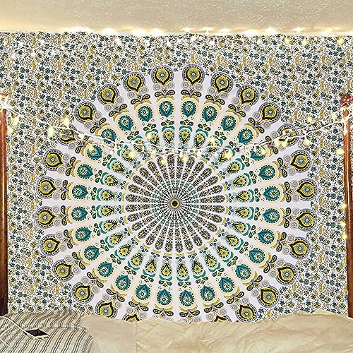 Bless International Indian hippie Bohemian Psychedelic Peacock Mandala Wall hanging Bedding Tapestry (Yellow Green, Queen (84x90Inches)(215x230Cms))