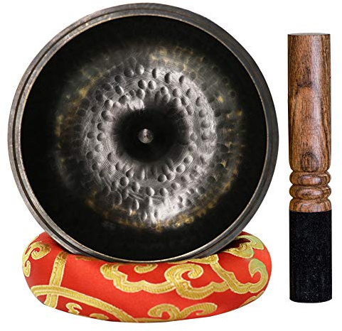 Gandhanra Black Tibetan Singing Bowl Set with Lingam Symbol, For Sound Healing,Meditation,Yoga,Relaxation,Chakra Balance,Handmade in Nepal
