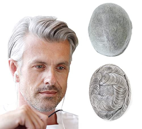 HAIR NATURE Toupee for Mens Human Hair Piece, Human Hair Replacement System Hair Style, Thin Skin 0.03mm Grey Hairpieces #1B80