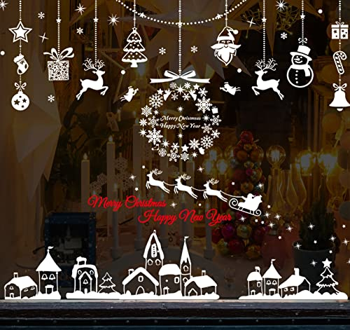 Anstore Pegatinas de ventana de Navidad, 369 unidades, color blanco para ventana de Navidad, pegatinas de copo de nieve de PVC con alce, muñeco de nieve, árbol de Navidad, etc., para ventana