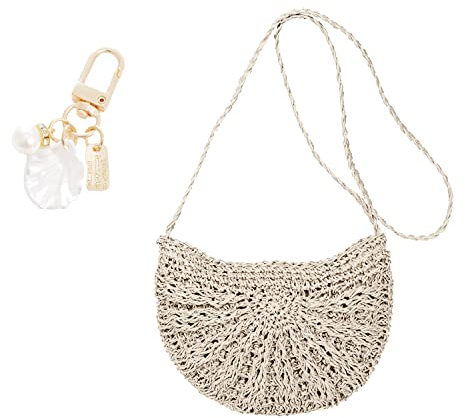 YSDYY 1 Damen-Einschulter-Strohtasche, vielseitige Strand-Umhängetasche für den Sommer, Freizeit-Urlaubstasche mit beigefarbener Quaste, 1 Strandmuschel-Accessoire-Anhänge