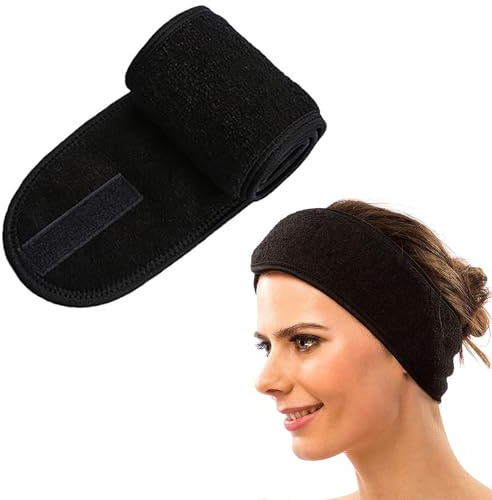 1 pcs Bandeau Maquillage Cheveux Lavable,Microfibre Spa Bandeau Cheveux Femme Maquillage Cheveux lavableavec Magic Tape pour le bain de maquillage, maquillage et sport-le noir