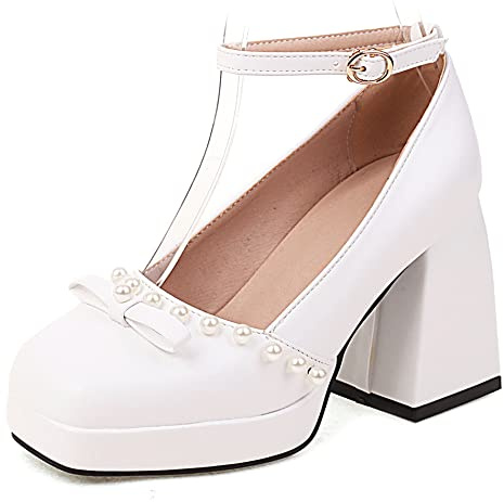 Décolleté con Tacco Grosso da Donna, Pompe al Tallone Alto Square Toe Fibbia Scarpe da Festa con Plateau con Cinturino alla Caviglia Beaded Moda Tryvoa Bianco Numero 47 EU