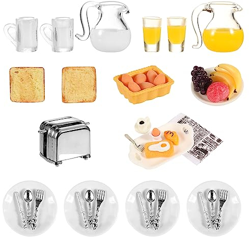 simarro Puppenhaus Miniatur Frühstück Zubehör, 46 Stück Puppenhaus Zubehör 1:12 Mini Toastmaschine Brot Saft Milch Eier Tassen Teller Messer Gabel Löffel Puppenhaus Küchenszene Kuchendekoration